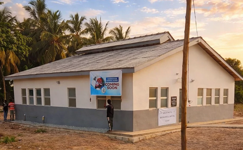 Exterior of the Mankoadze Dental Clinic with a Coming Soon banner hanging on the side.
