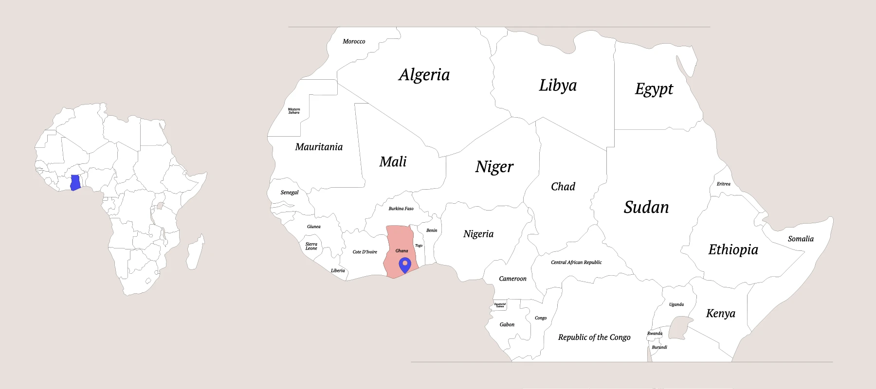 a map of Africa showing the location of Mankoadze, Ghana with a blue map pin.